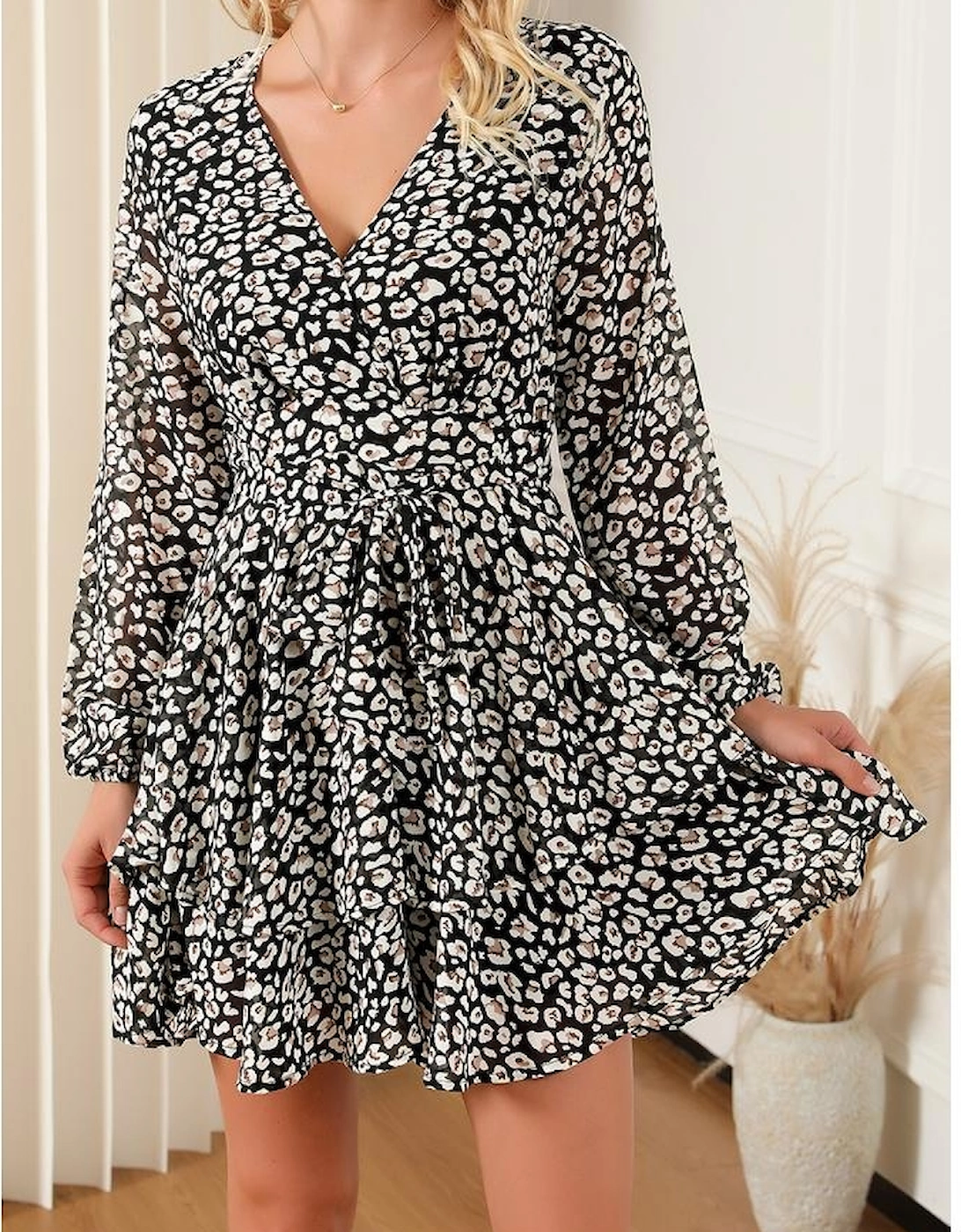 Black V Neck Baggy Sleeve Waist Tie Double Layer Ruffle Hem Leopard Print Dress
