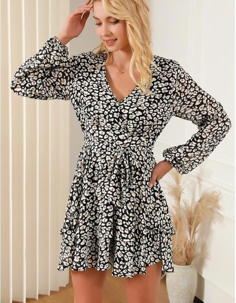 Black V Neck Baggy Sleeve Waist Tie Double Layer Ruffle Hem Leopard Print Dress