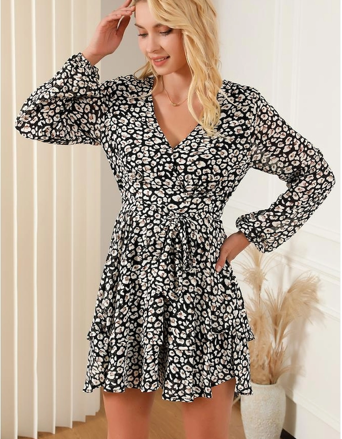 Black V Neck Baggy Sleeve Waist Tie Double Layer Ruffle Hem Leopard Print Dress