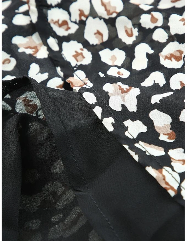 Black V Neck Baggy Sleeve Waist Tie Double Layer Ruffle Hem Leopard Print Dress