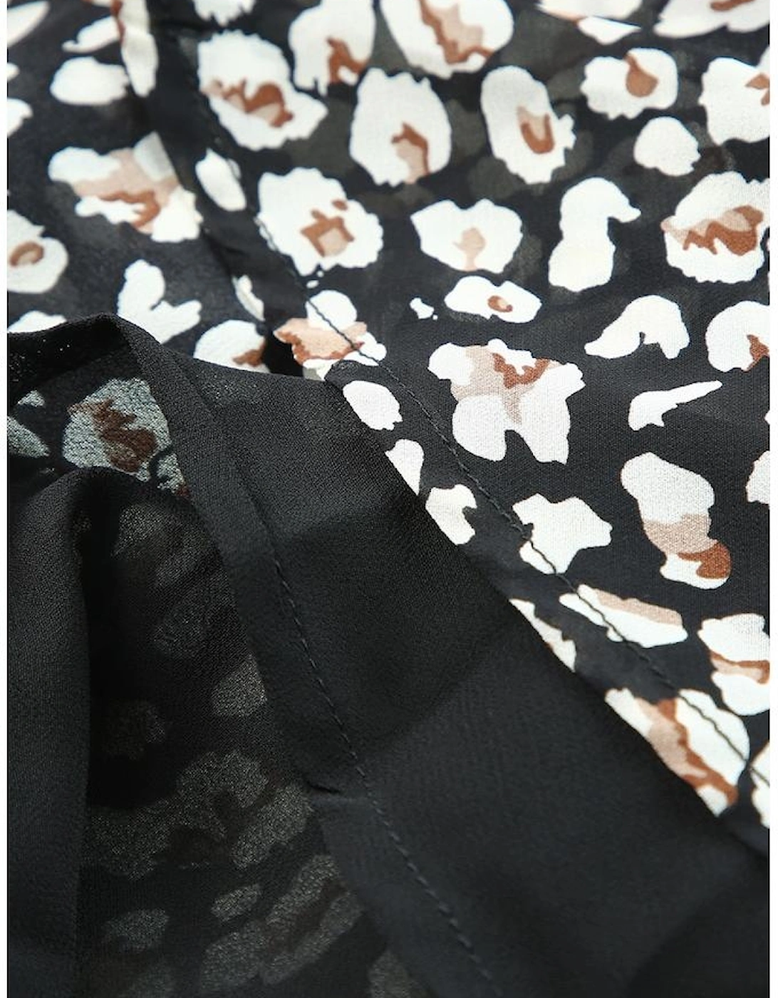 Black V Neck Baggy Sleeve Waist Tie Double Layer Ruffle Hem Leopard Print Dress