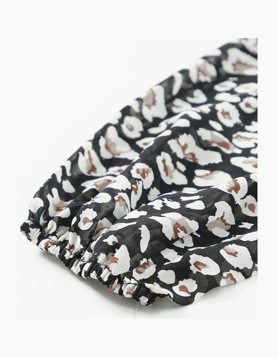 Black V Neck Baggy Sleeve Waist Tie Double Layer Ruffle Hem Leopard Print Dress