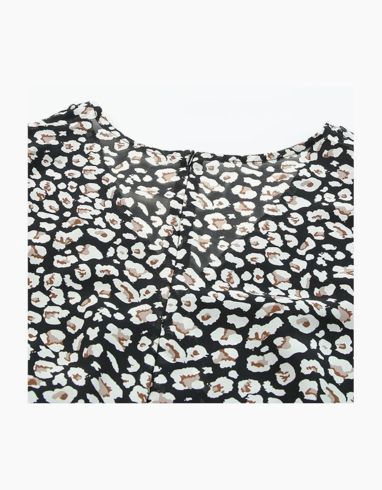 Black V Neck Baggy Sleeve Waist Tie Double Layer Ruffle Hem Leopard Print Dress