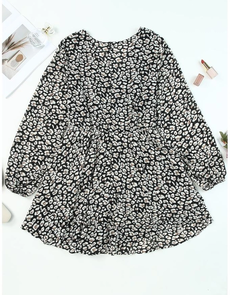 Black V Neck Baggy Sleeve Waist Tie Double Layer Ruffle Hem Leopard Print Dress