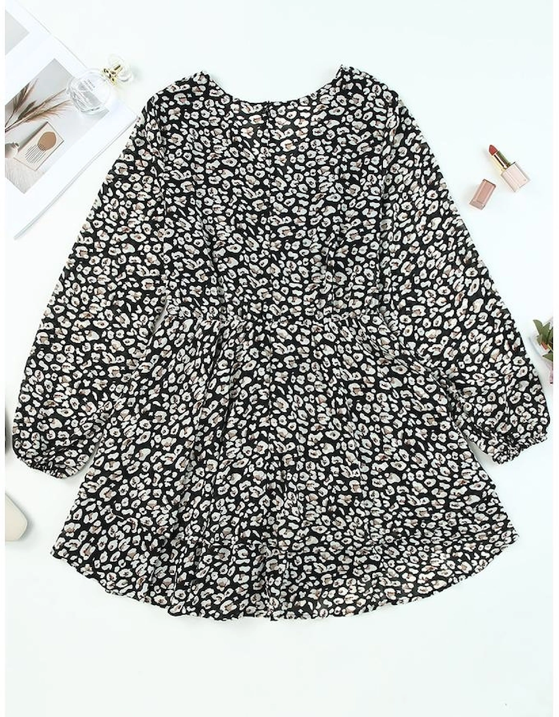 Black V Neck Baggy Sleeve Waist Tie Double Layer Ruffle Hem Leopard Print Dress