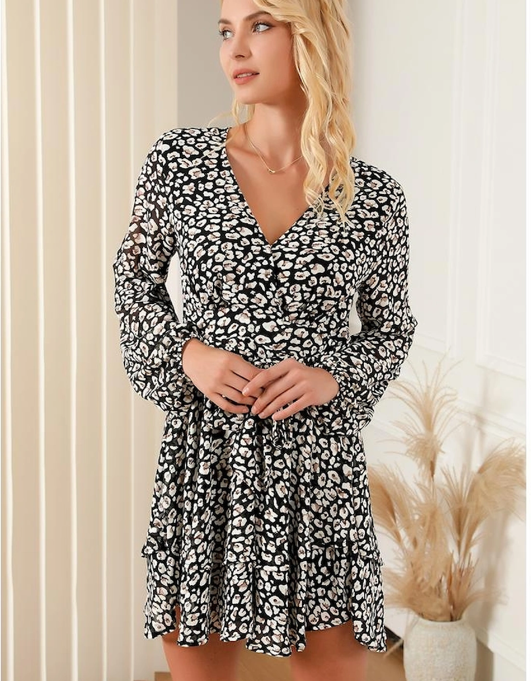 Black V Neck Baggy Sleeve Waist Tie Double Layer Ruffle Hem Leopard Print Dress