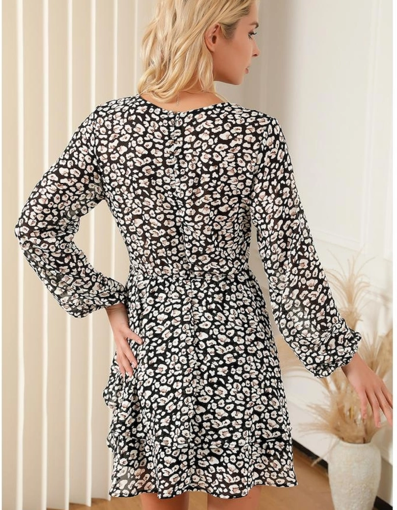 Black V Neck Baggy Sleeve Waist Tie Double Layer Ruffle Hem Leopard Print Dress