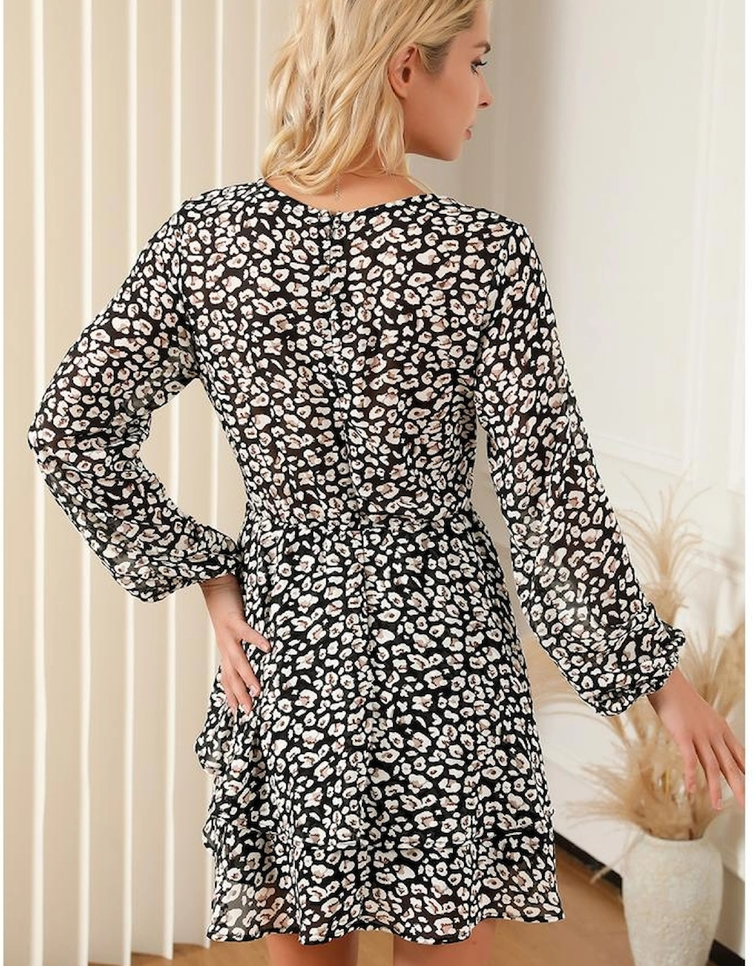 Black V Neck Baggy Sleeve Waist Tie Double Layer Ruffle Hem Leopard Print Dress