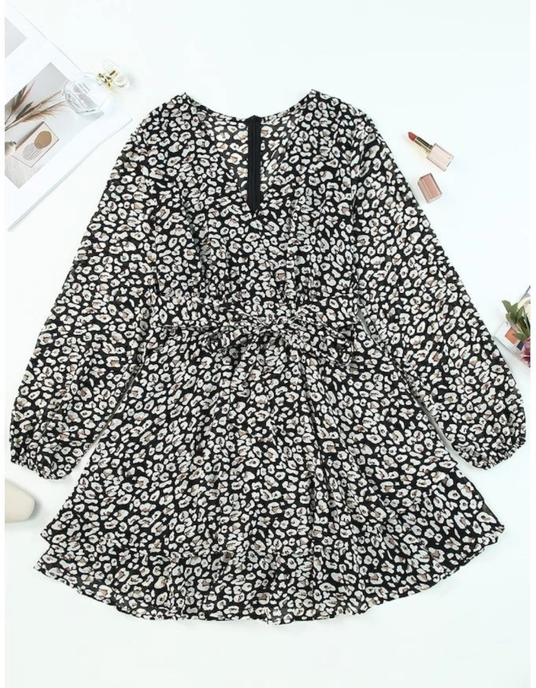 Black V Neck Baggy Sleeve Waist Tie Double Layer Ruffle Hem Leopard Print Dress