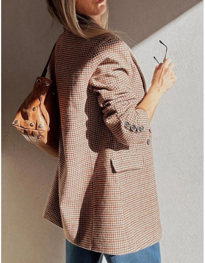 Brown Houndstooth Lapel Collar Blazer