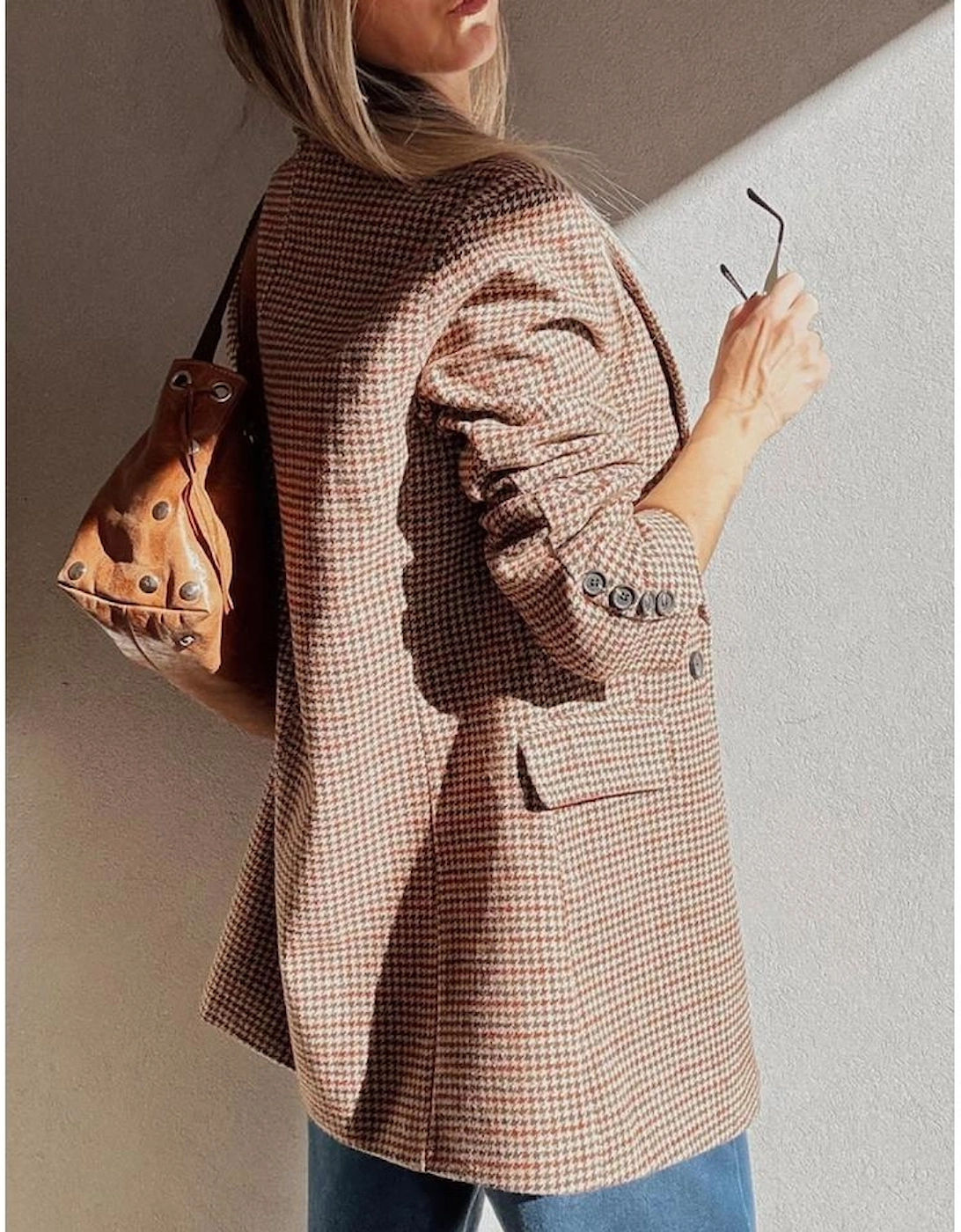 Brown Houndstooth Lapel Collar Blazer, 16 of 15