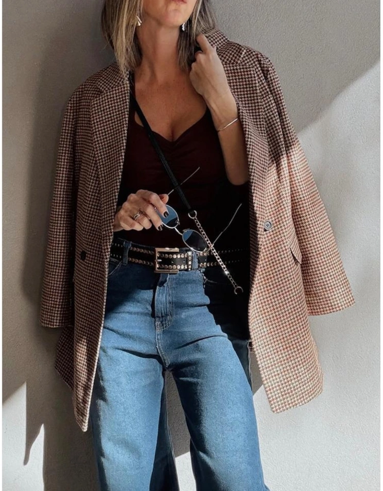 Brown Houndstooth Lapel Collar Blazer