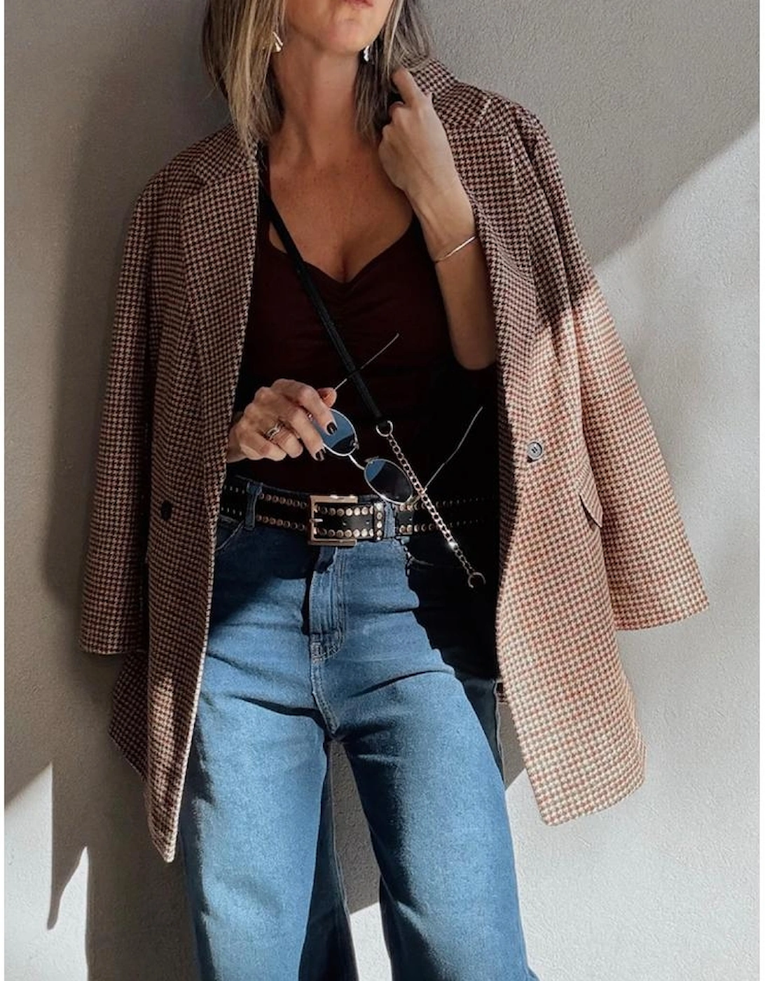 Brown Houndstooth Lapel Collar Blazer