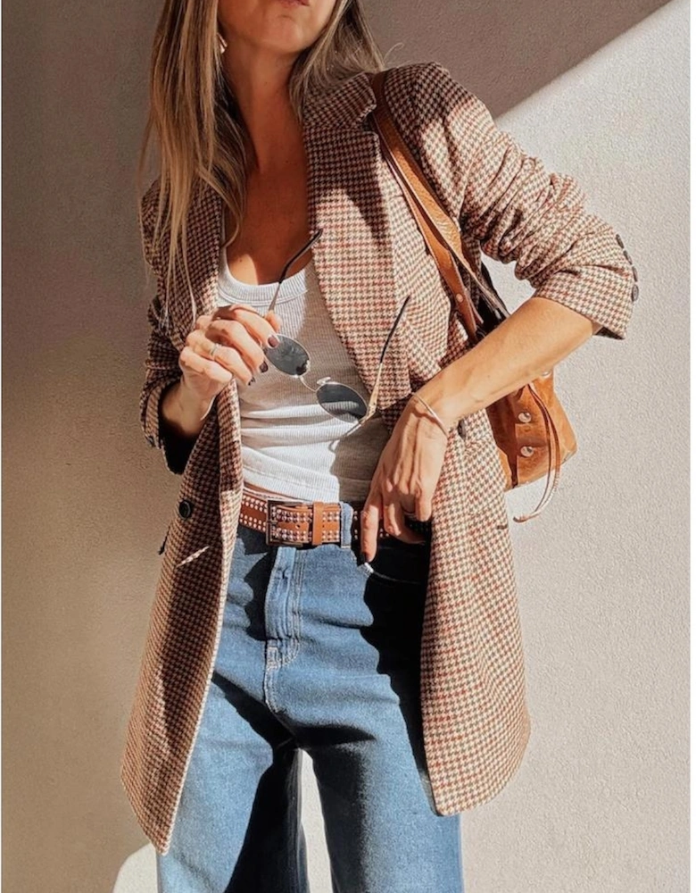 Brown Houndstooth Lapel Collar Blazer