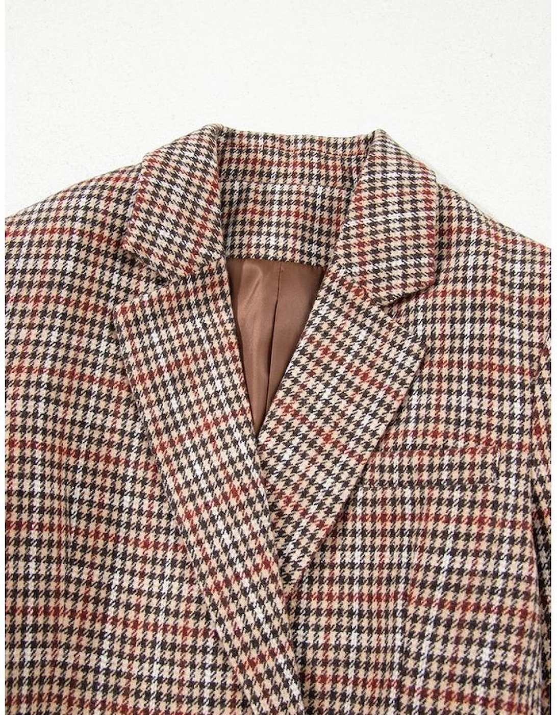 Brown Houndstooth Lapel Collar Blazer