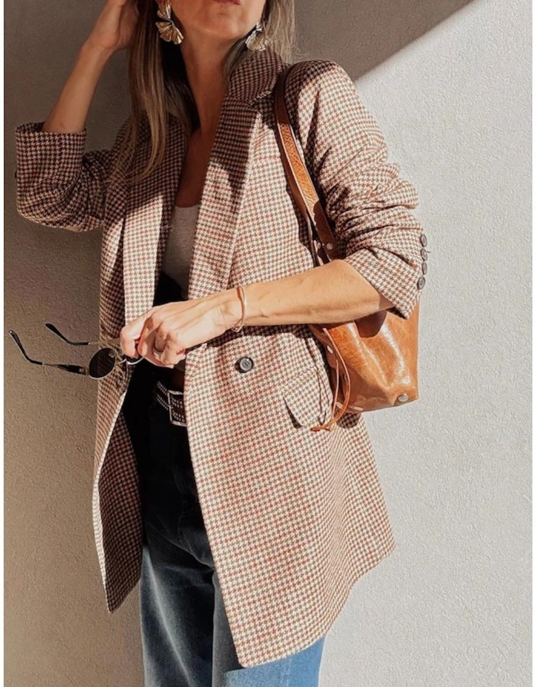 Brown Houndstooth Lapel Collar Blazer