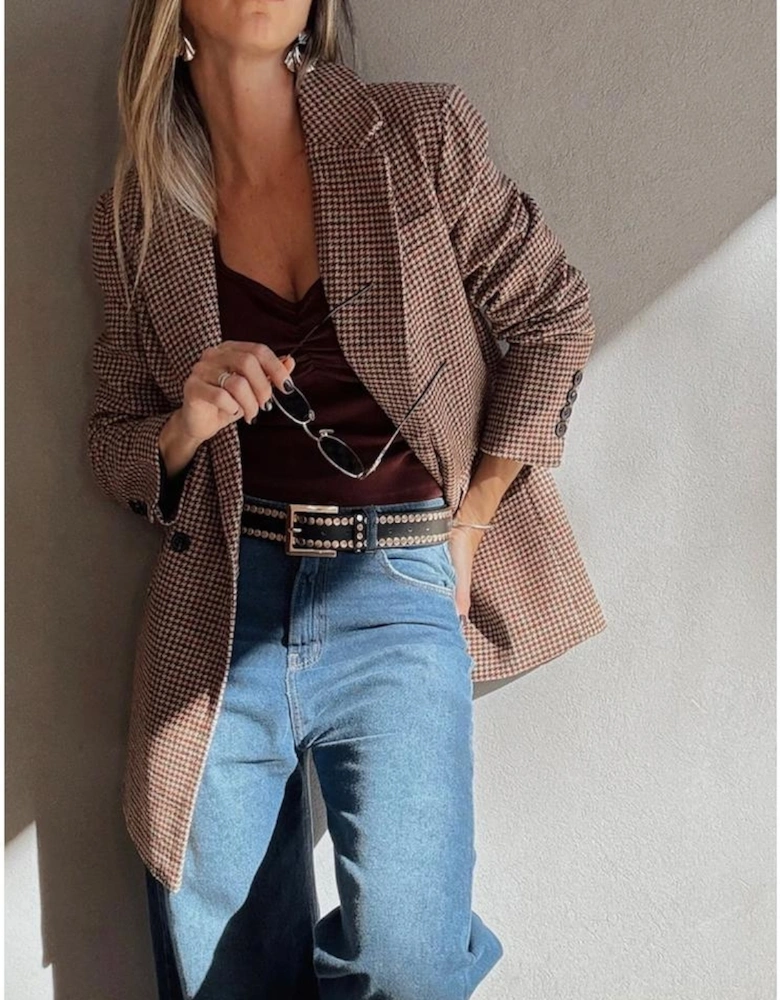 Brown Houndstooth Lapel Collar Blazer