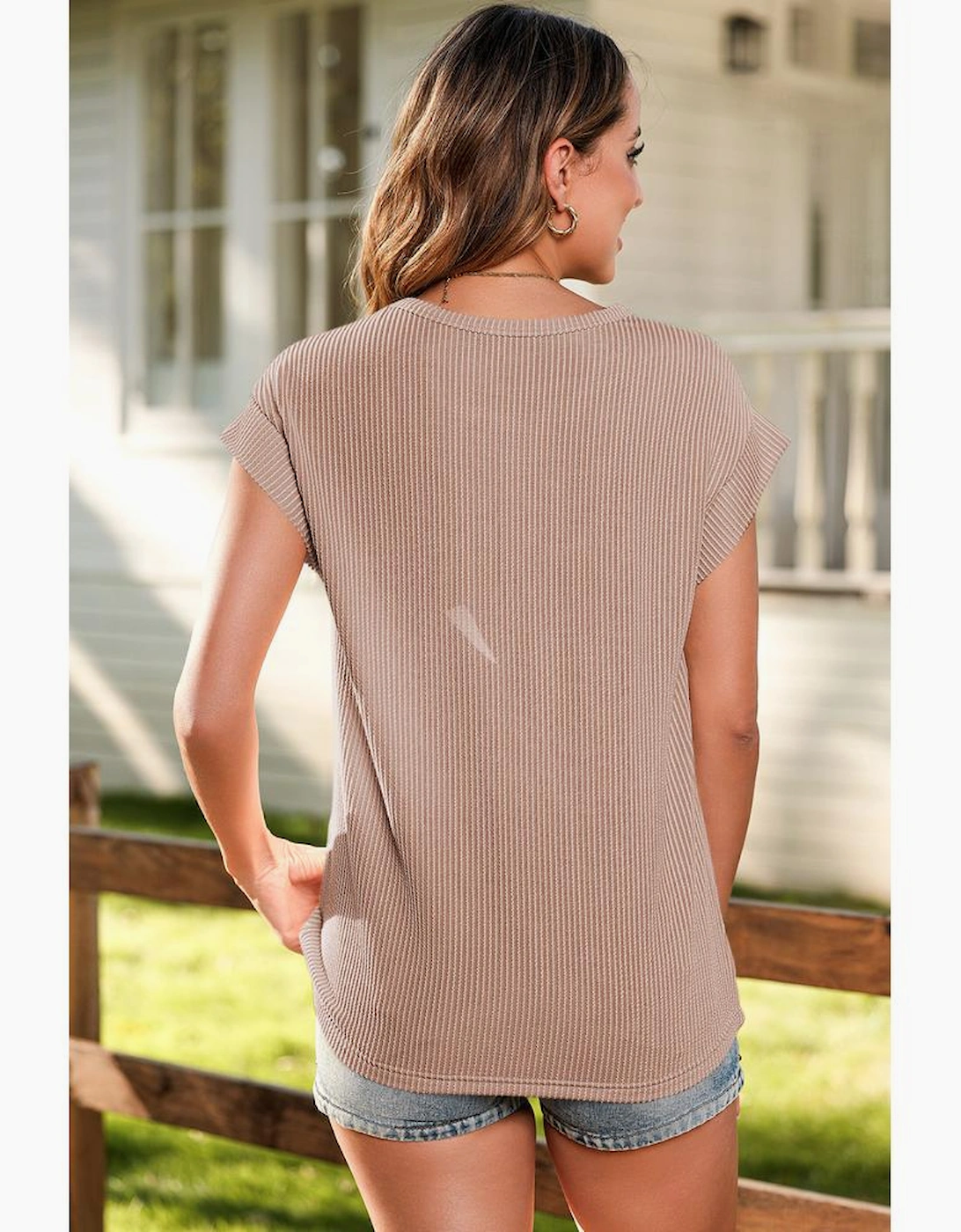 Dark Khaki Twisted Rib Wide Sleeve Crew Neck T Shirt