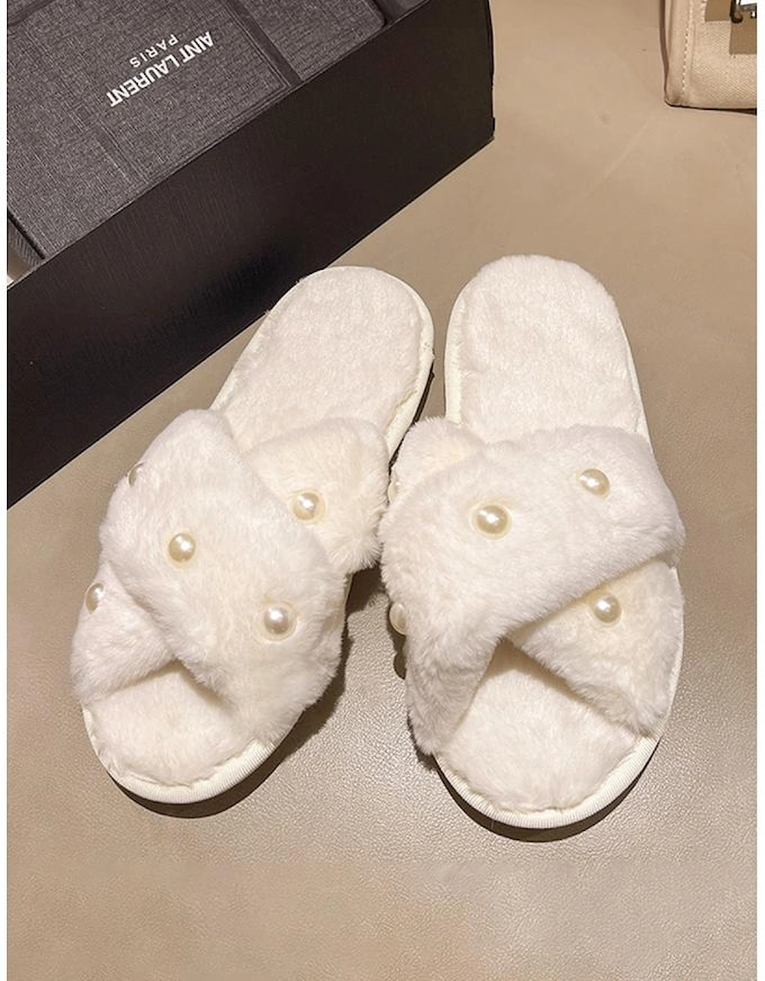 Azura Exchange White Pearl Decor Criss Cross Plush Slippers, 9 of 8