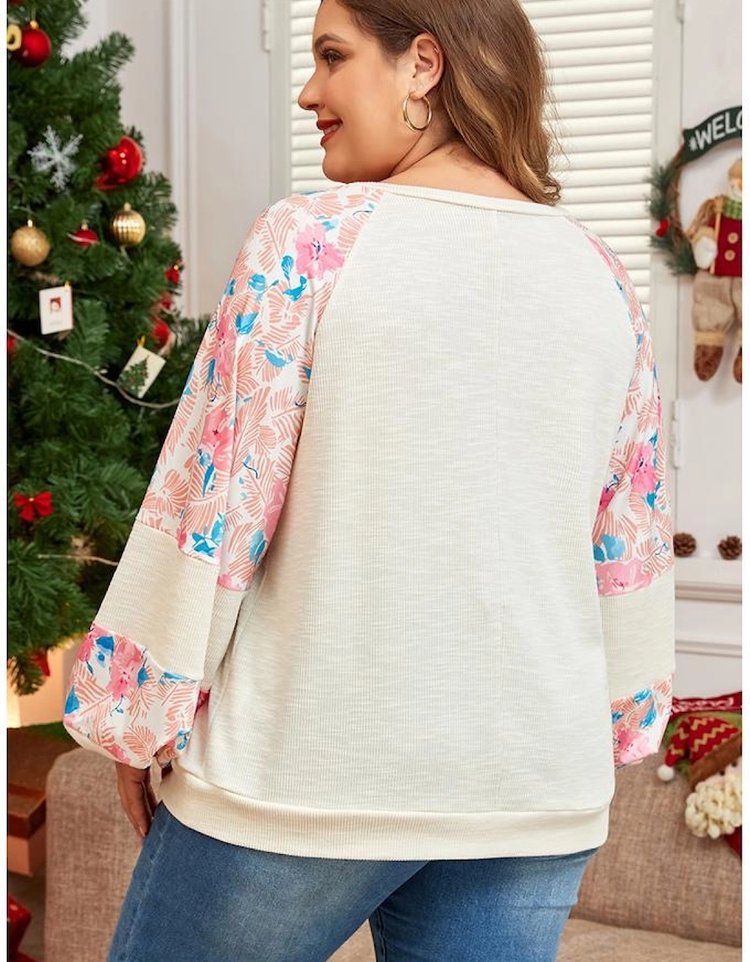 Apricot Plus Size Floral Patchwork Ribbed Puff Sleeve Top, 14 of 13