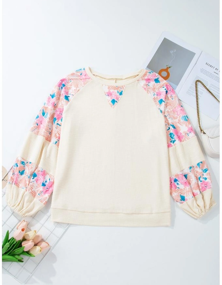 Apricot Plus Size Floral Patchwork Ribbed Puff Sleeve Top