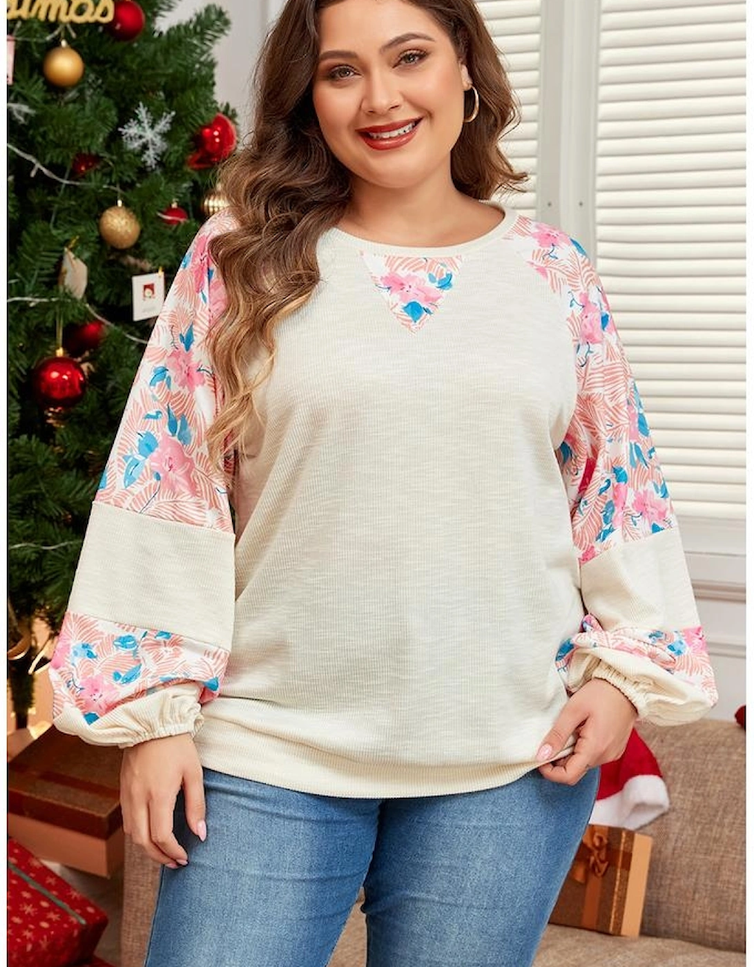 Apricot Plus Size Floral Patchwork Ribbed Puff Sleeve Top