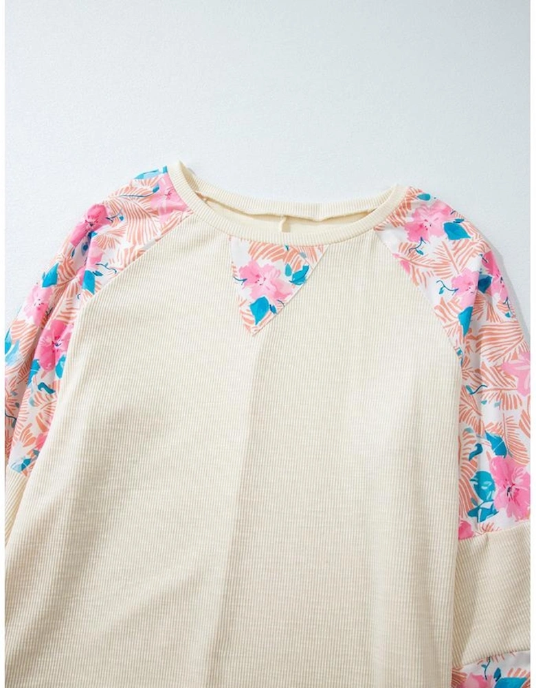 Apricot Plus Size Floral Patchwork Ribbed Puff Sleeve Top