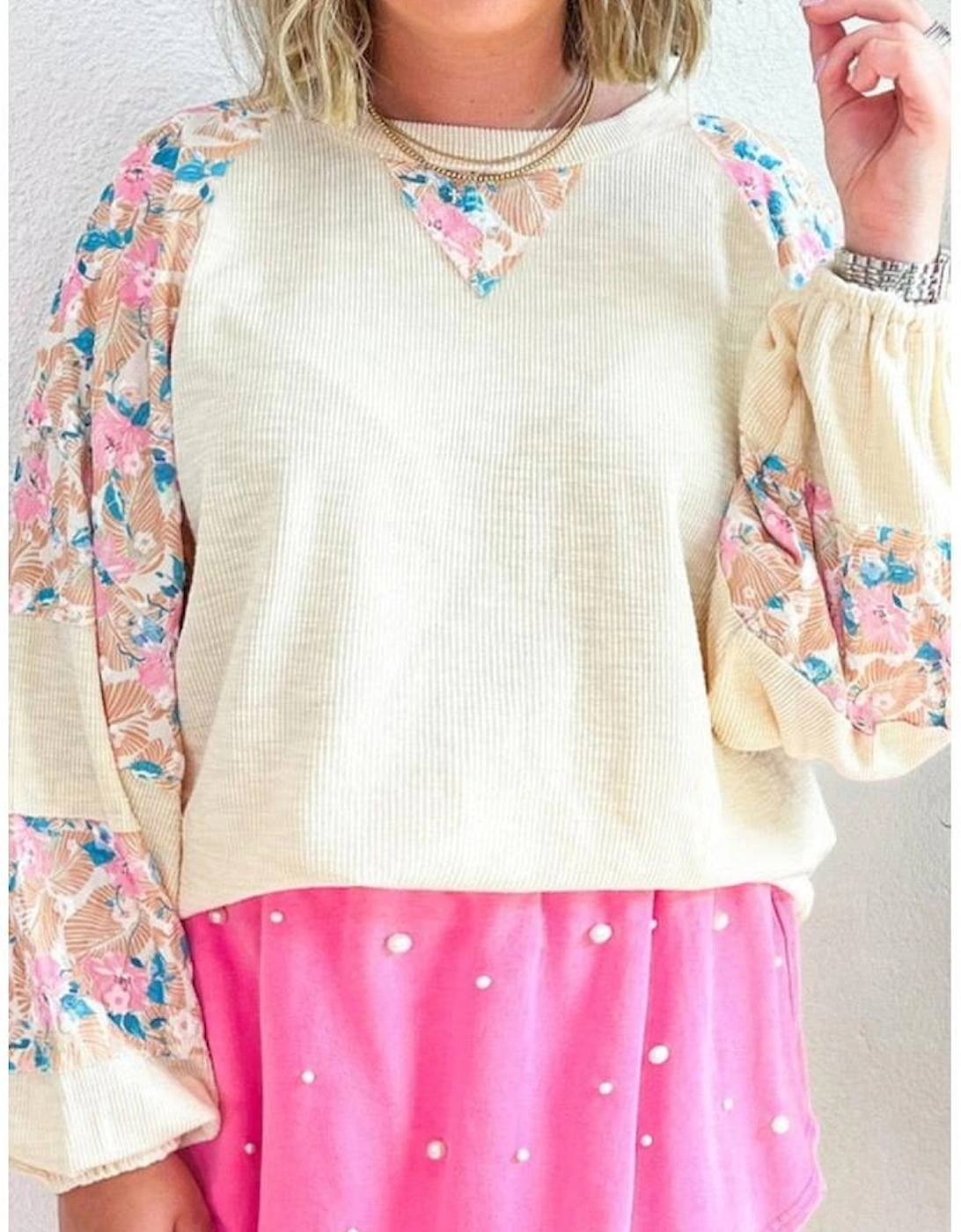 Apricot Plus Size Floral Patchwork Ribbed Puff Sleeve Top