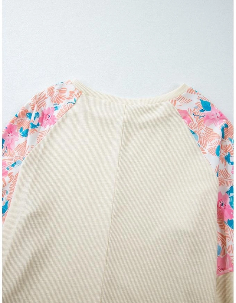 Apricot Plus Size Floral Patchwork Ribbed Puff Sleeve Top