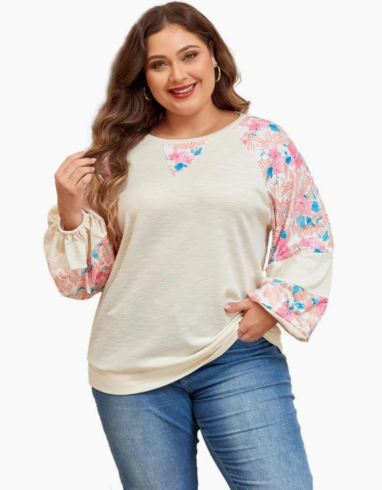 Apricot Plus Size Floral Patchwork Ribbed Puff Sleeve Top