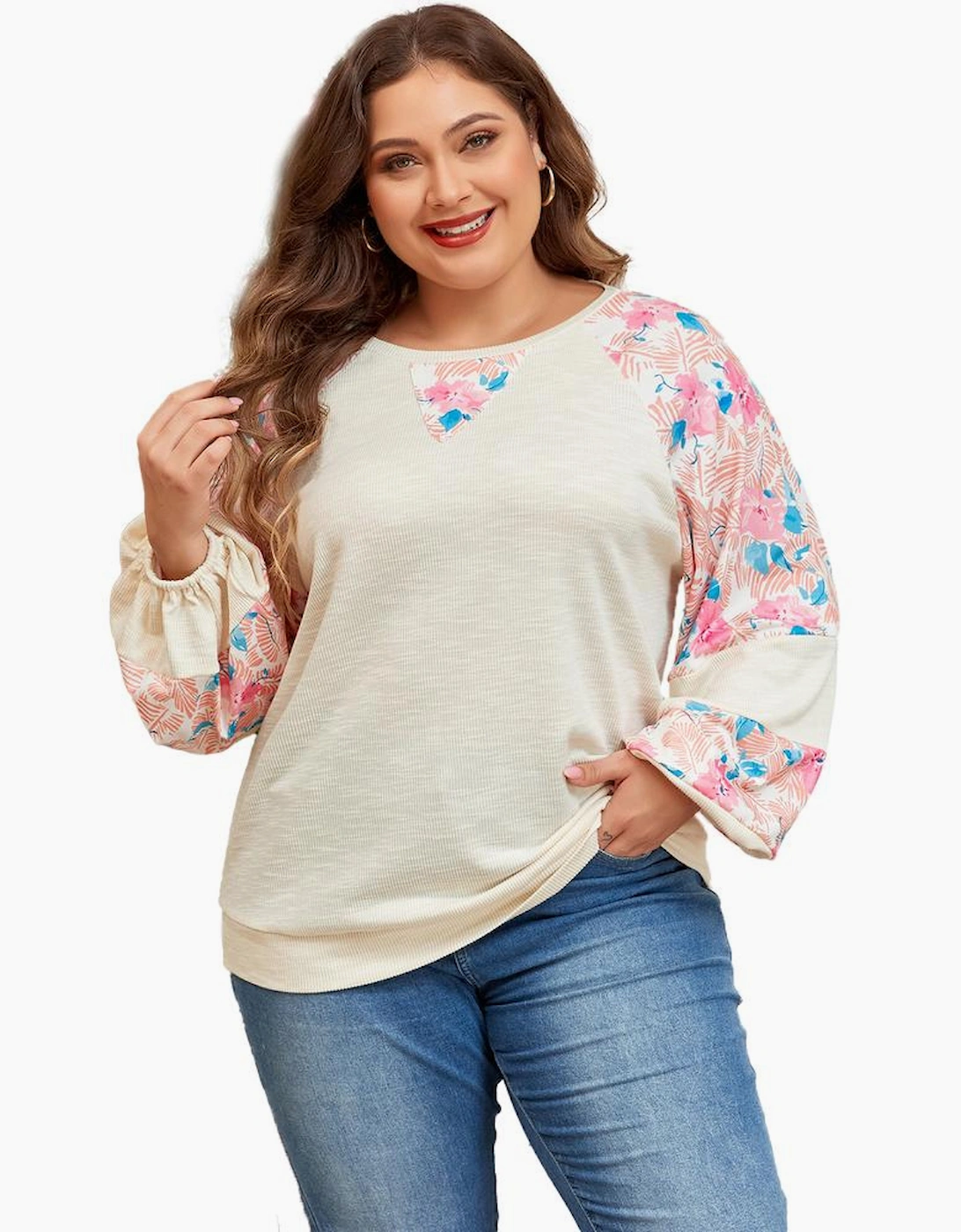 Apricot Plus Size Floral Patchwork Ribbed Puff Sleeve Top