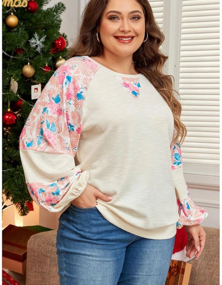 Apricot Plus Size Floral Patchwork Ribbed Puff Sleeve Top