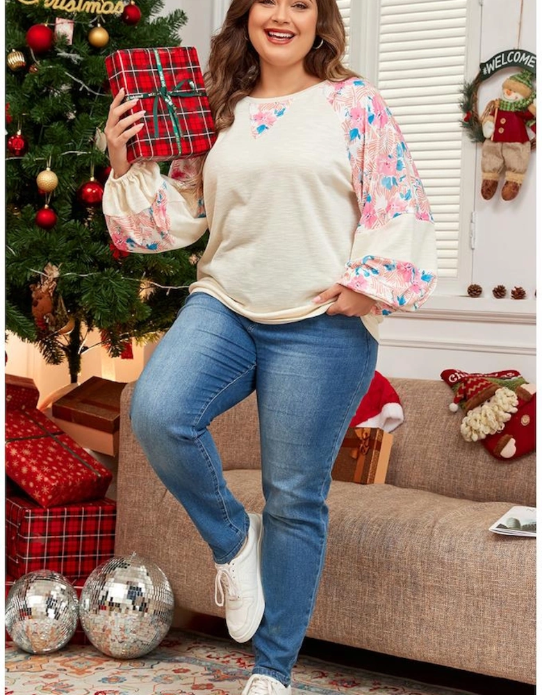 Apricot Plus Size Floral Patchwork Ribbed Puff Sleeve Top