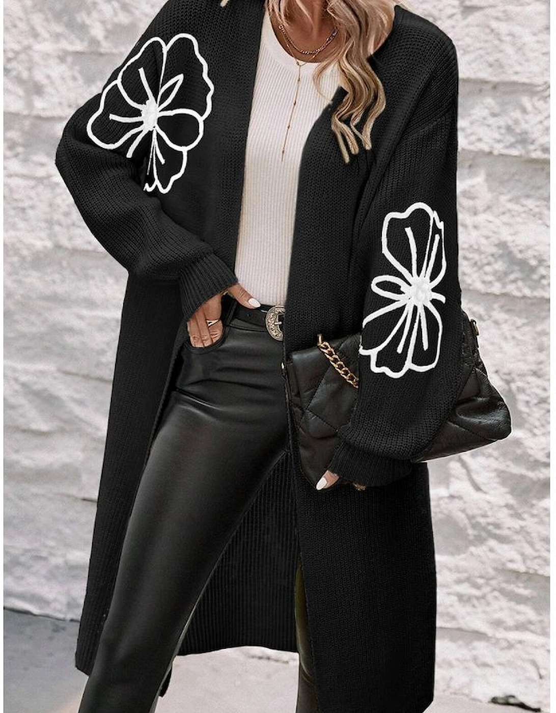 Black Flower Embroidered Drop Shoulder Open Front Duster Cardigan