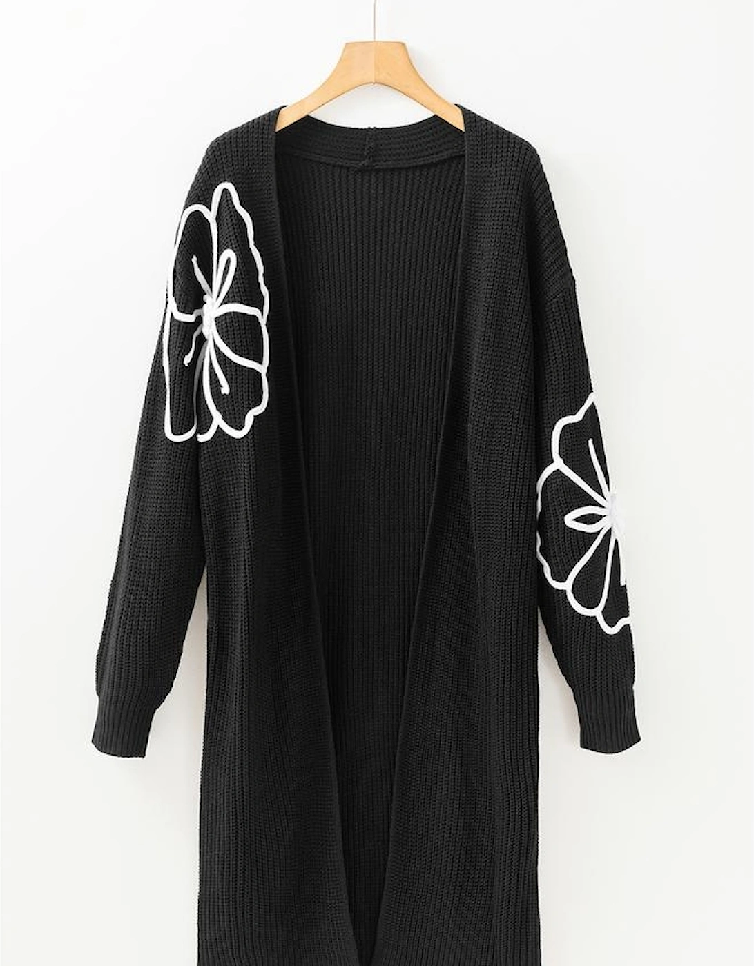 Black Flower Embroidered Drop Shoulder Open Front Duster Cardigan