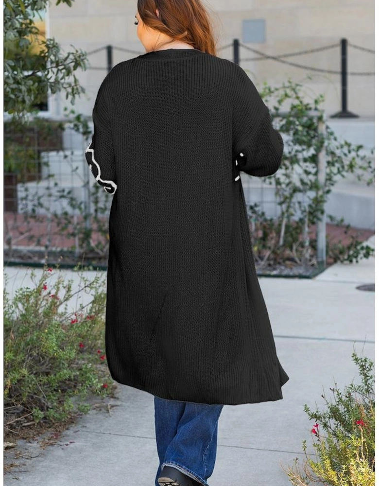 Black Flower Embroidered Drop Shoulder Open Front Duster Cardigan