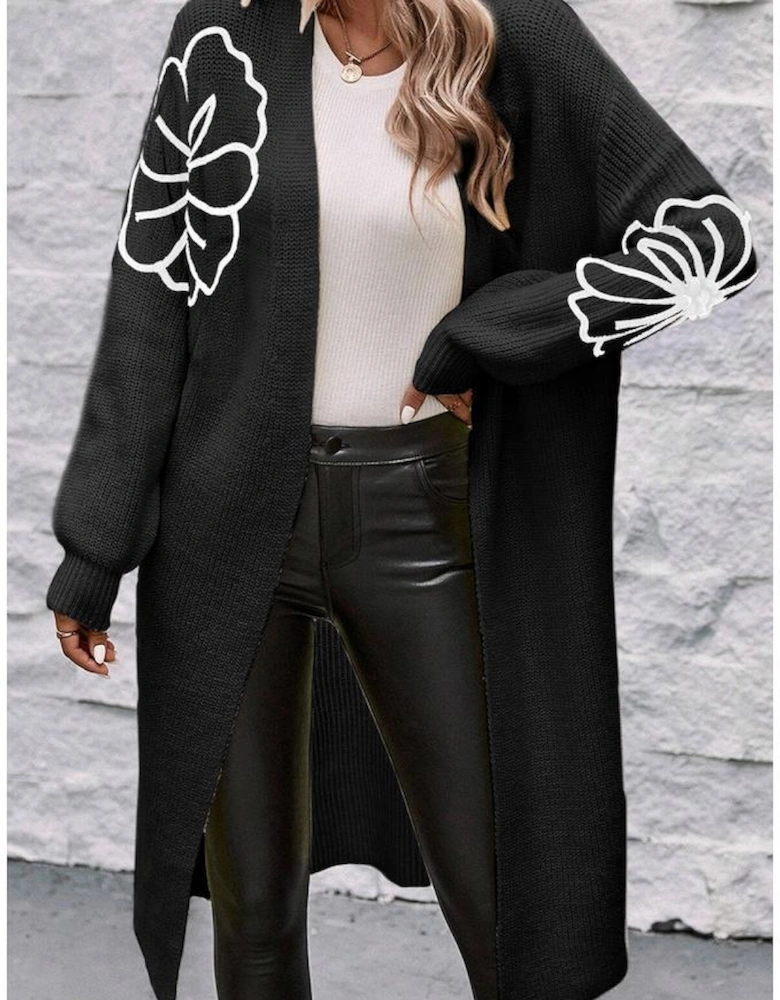 Black Flower Embroidered Drop Shoulder Open Front Duster Cardigan