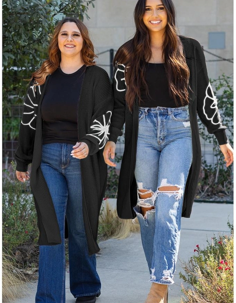 Black Flower Embroidered Drop Shoulder Open Front Duster Cardigan