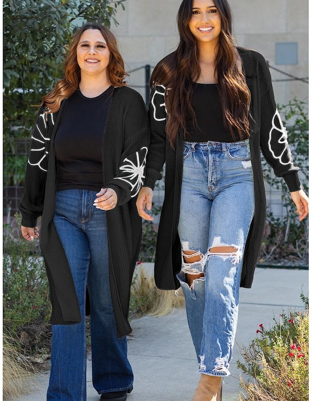 Black Flower Embroidered Drop Shoulder Open Front Duster Cardigan