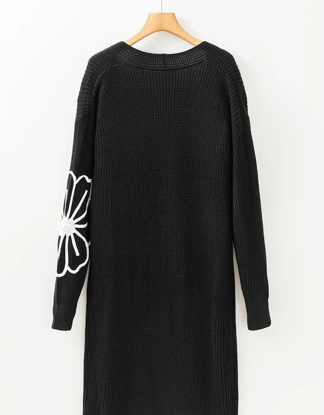 Black Flower Embroidered Drop Shoulder Open Front Duster Cardigan, 16 of 15