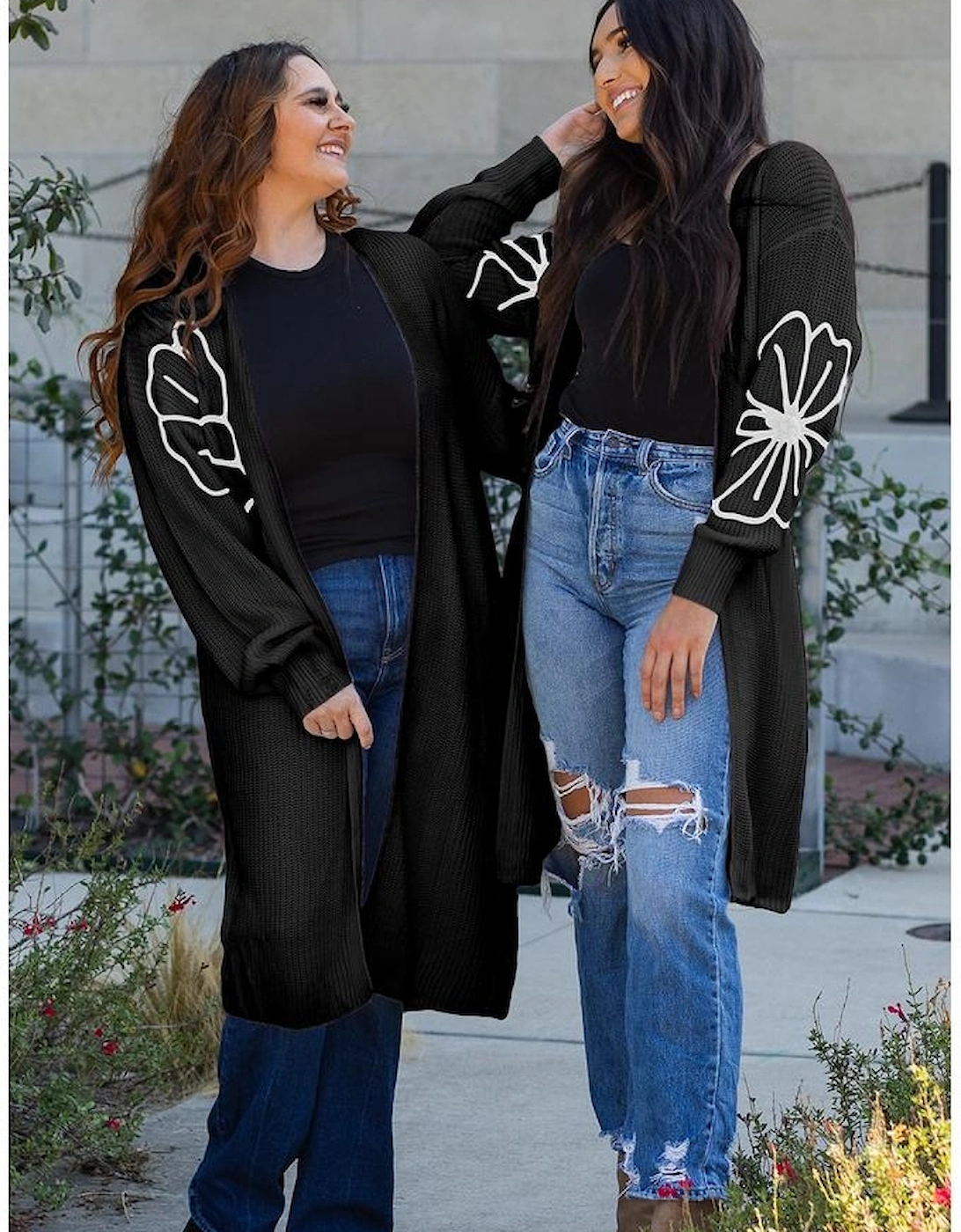 Black Flower Embroidered Drop Shoulder Open Front Duster Cardigan