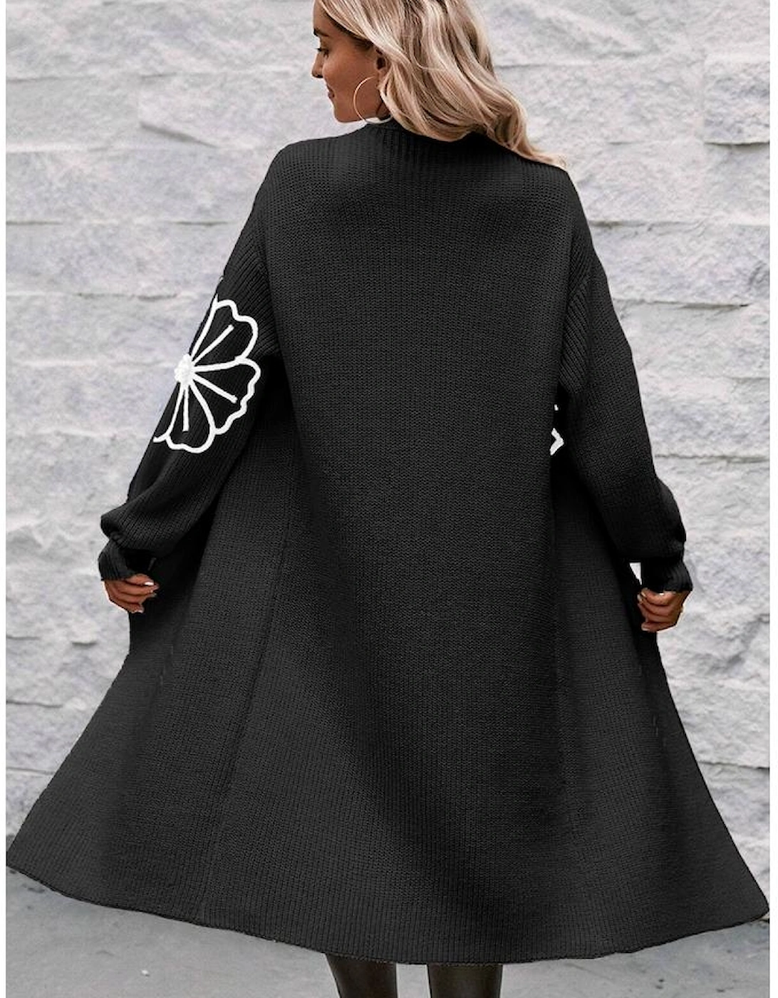 Black Flower Embroidered Drop Shoulder Open Front Duster Cardigan