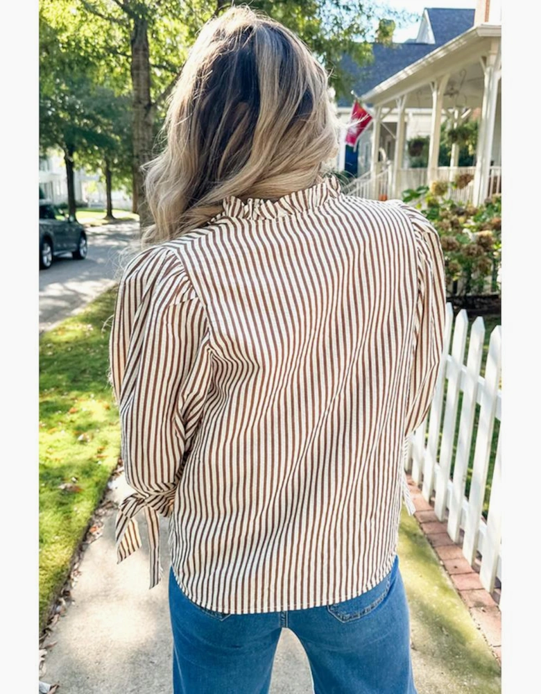 Straw Yellow Striped Print Tied Cuffs Split Neck Seersucker Blouse