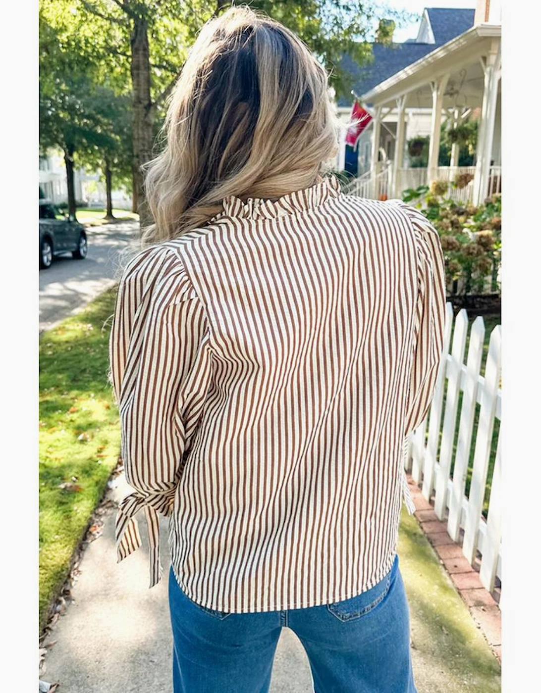 Straw Yellow Striped Print Tied Cuffs Split Neck Seersucker Blouse, 12 of 11
