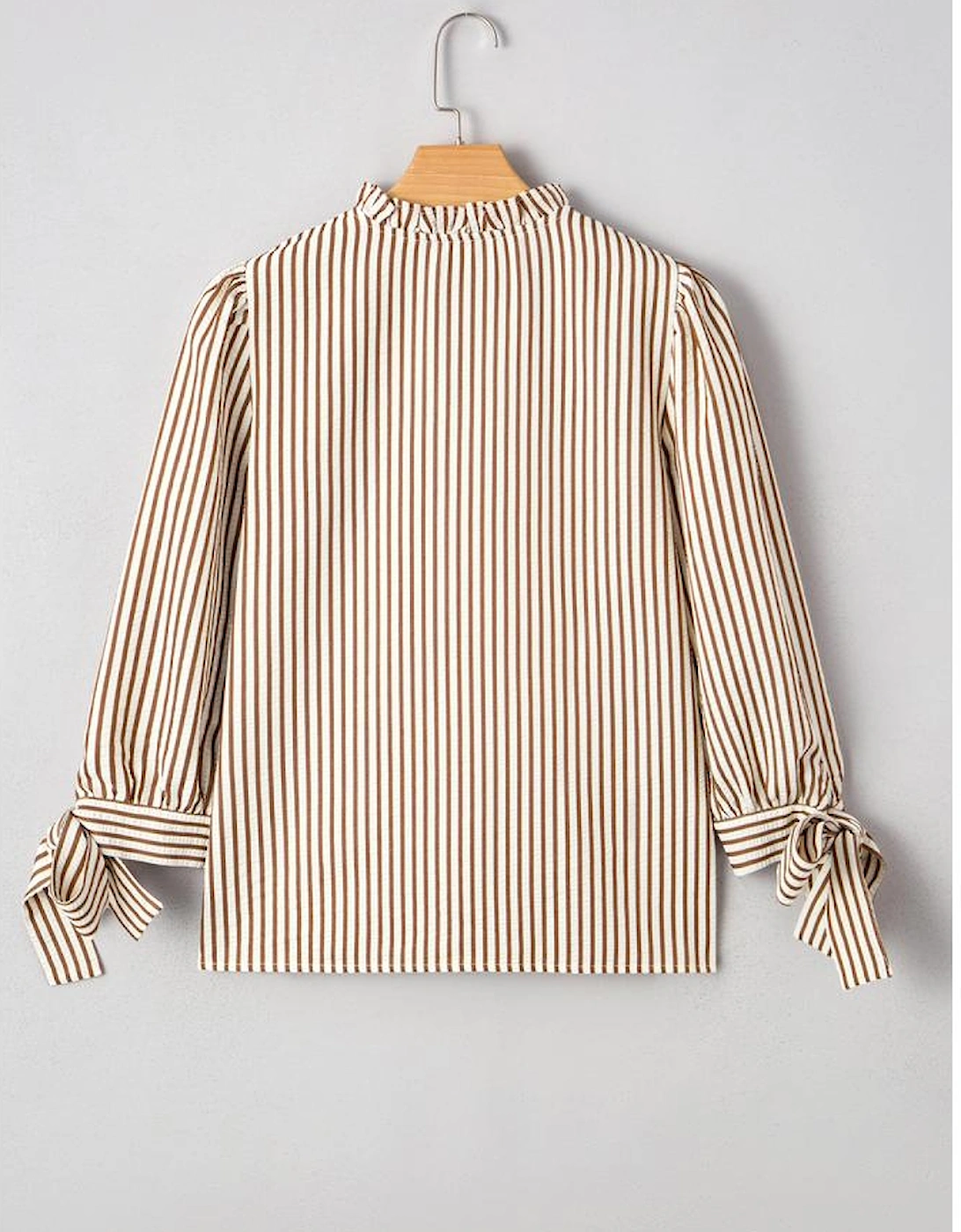 Straw Yellow Striped Print Tied Cuffs Split Neck Seersucker Blouse