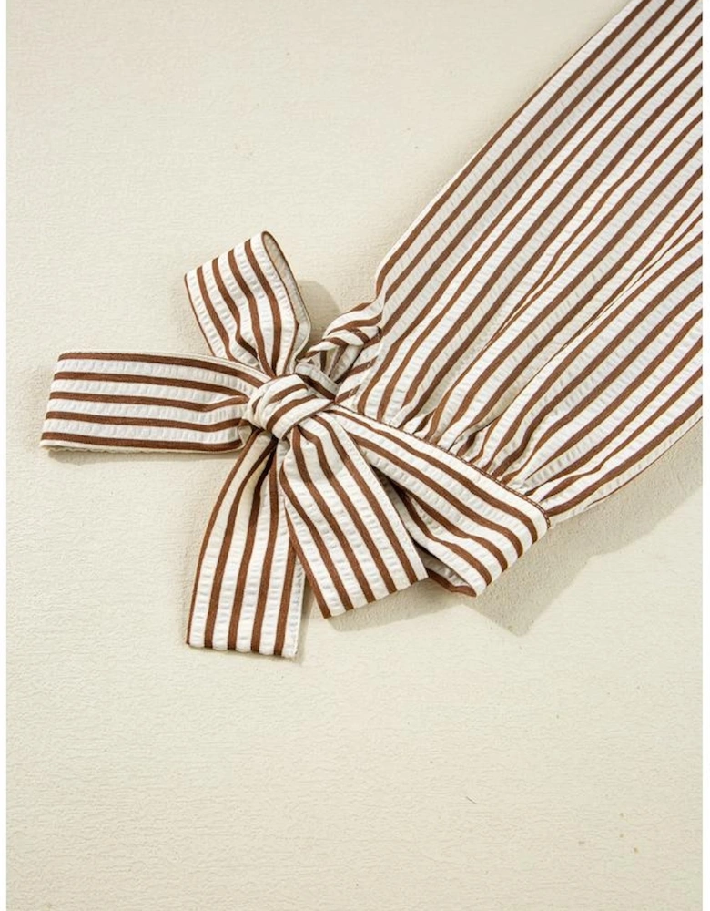 Straw Yellow Striped Print Tied Cuffs Split Neck Seersucker Blouse