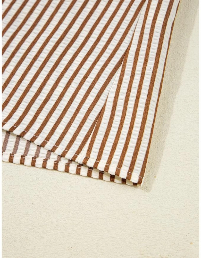 Straw Yellow Striped Print Tied Cuffs Split Neck Seersucker Blouse