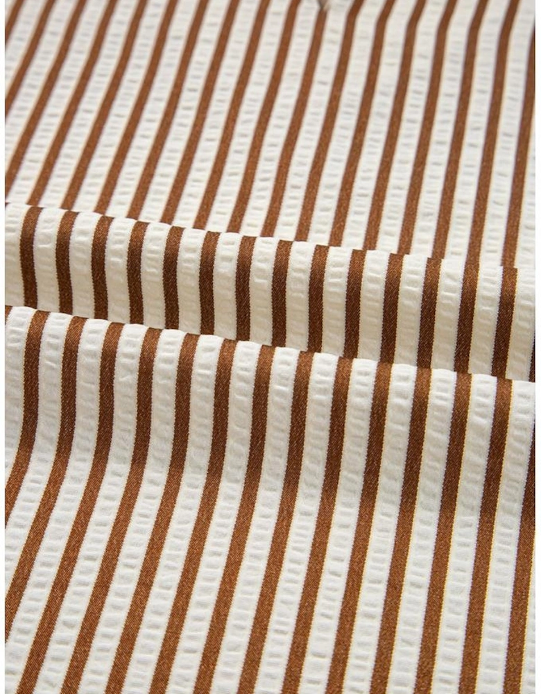 Straw Yellow Striped Print Tied Cuffs Split Neck Seersucker Blouse