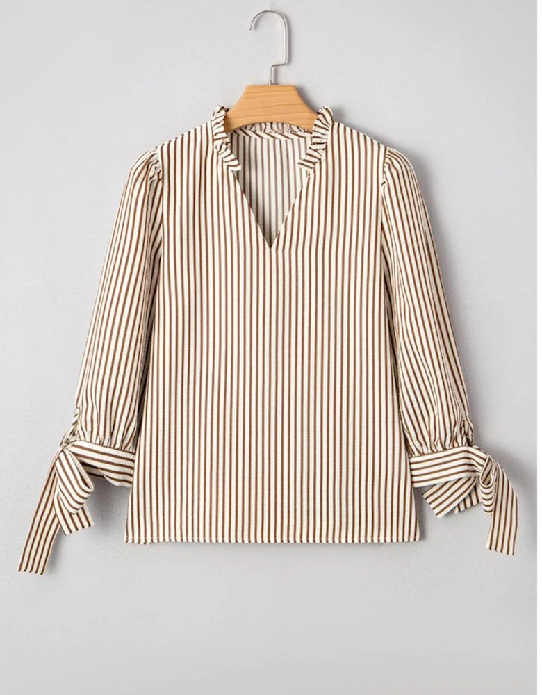 Straw Yellow Striped Print Tied Cuffs Split Neck Seersucker Blouse