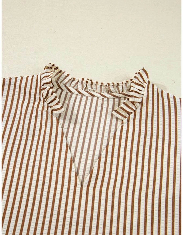 Straw Yellow Striped Print Tied Cuffs Split Neck Seersucker Blouse